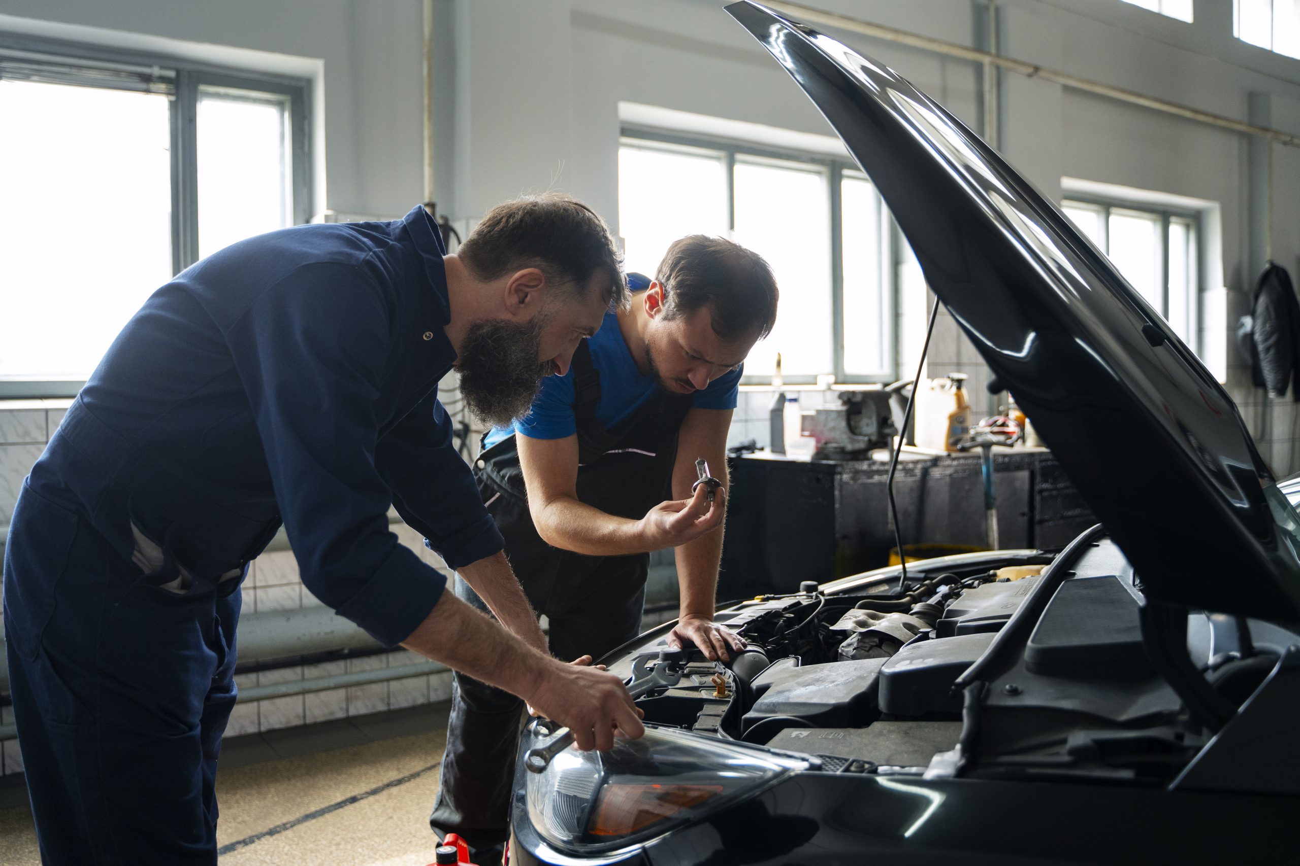 male mechanics working together car shop